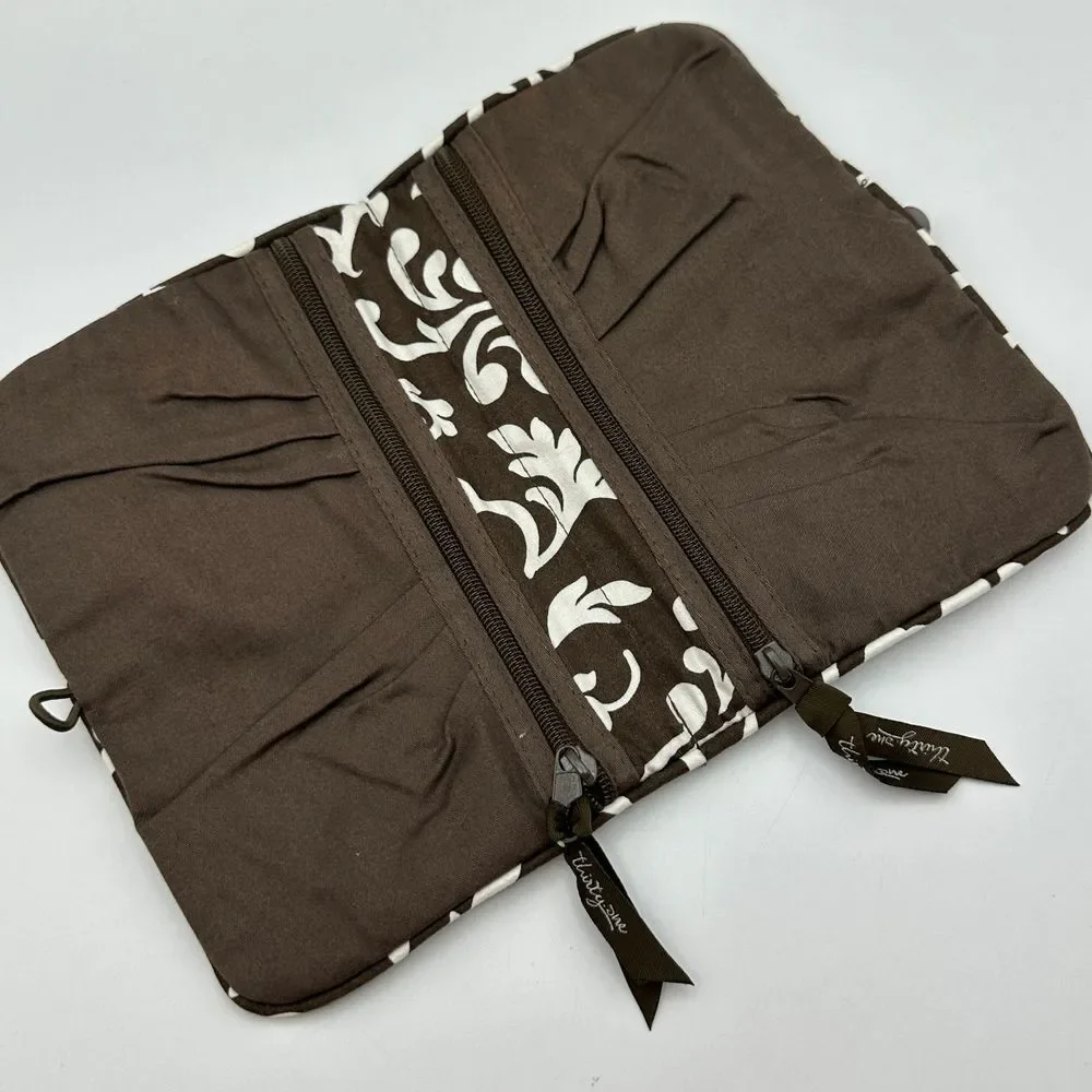 Thirty One Damask Print Double Zip Travel Organizer Wallet Brown‎ White Floral